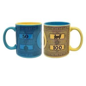NWT Monopoly Money Coffee Mug Gift  $100  & $50 Monopoly  Yellow Mugs Ceramic
